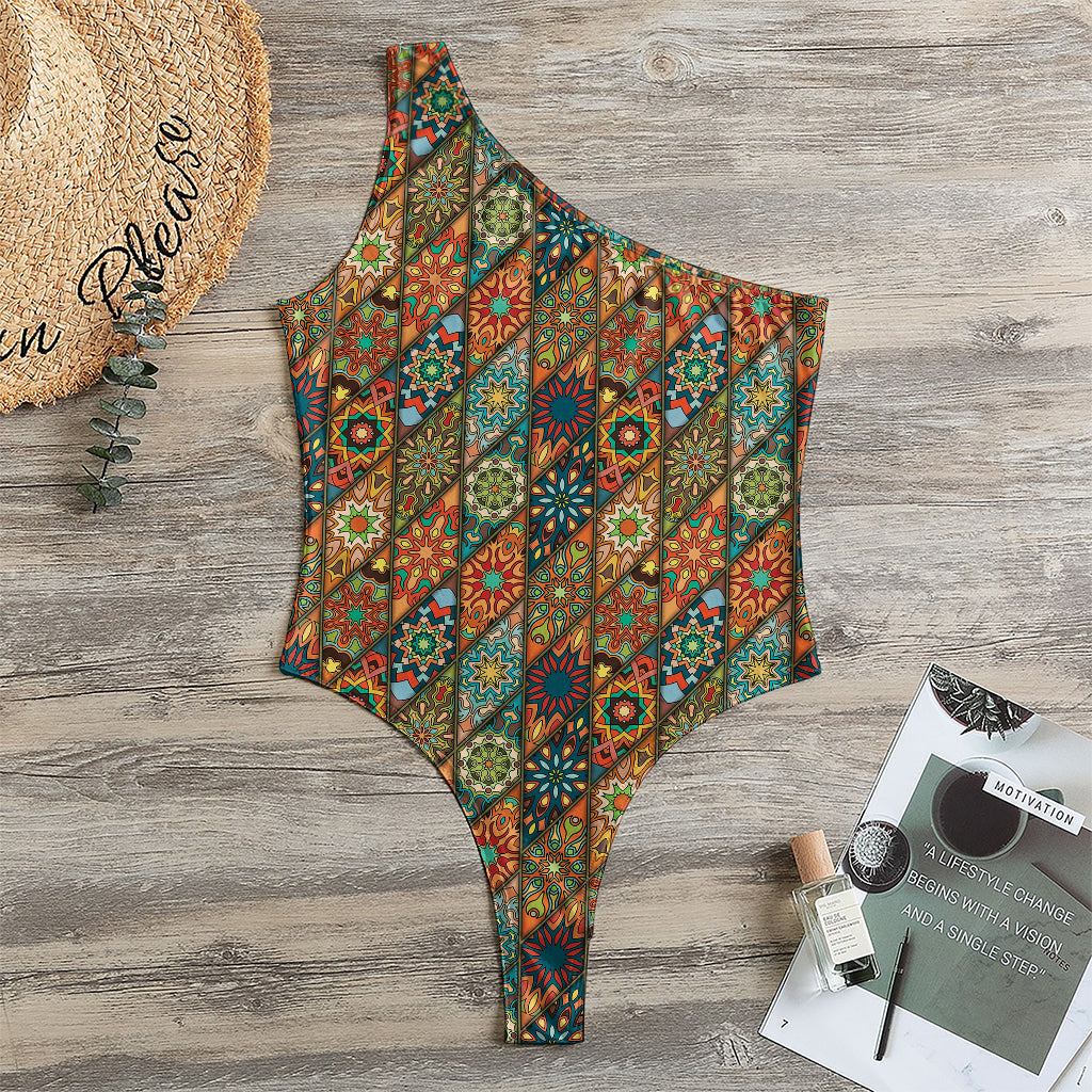 Indian Floral Patchwork Pattern Print One Shoulder Bodysuit