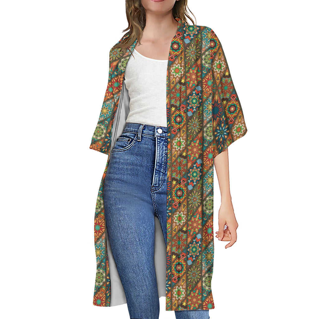 Indian Floral Patchwork Pattern Print Open Front Beach Cover Up