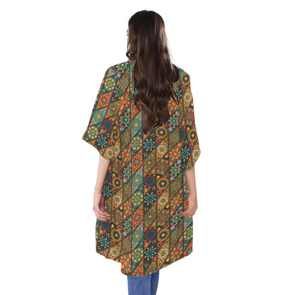 Indian Floral Patchwork Pattern Print Open Front Beach Cover Up