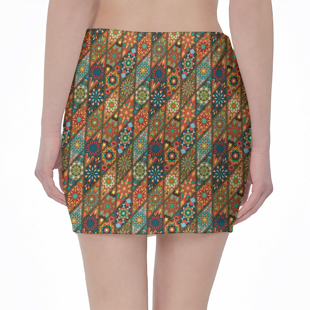 Indian Floral Patchwork Pattern Print Pencil Mini Skirt