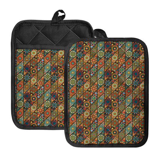 Indian Floral Patchwork Pattern Print Pot Holders With Pocket