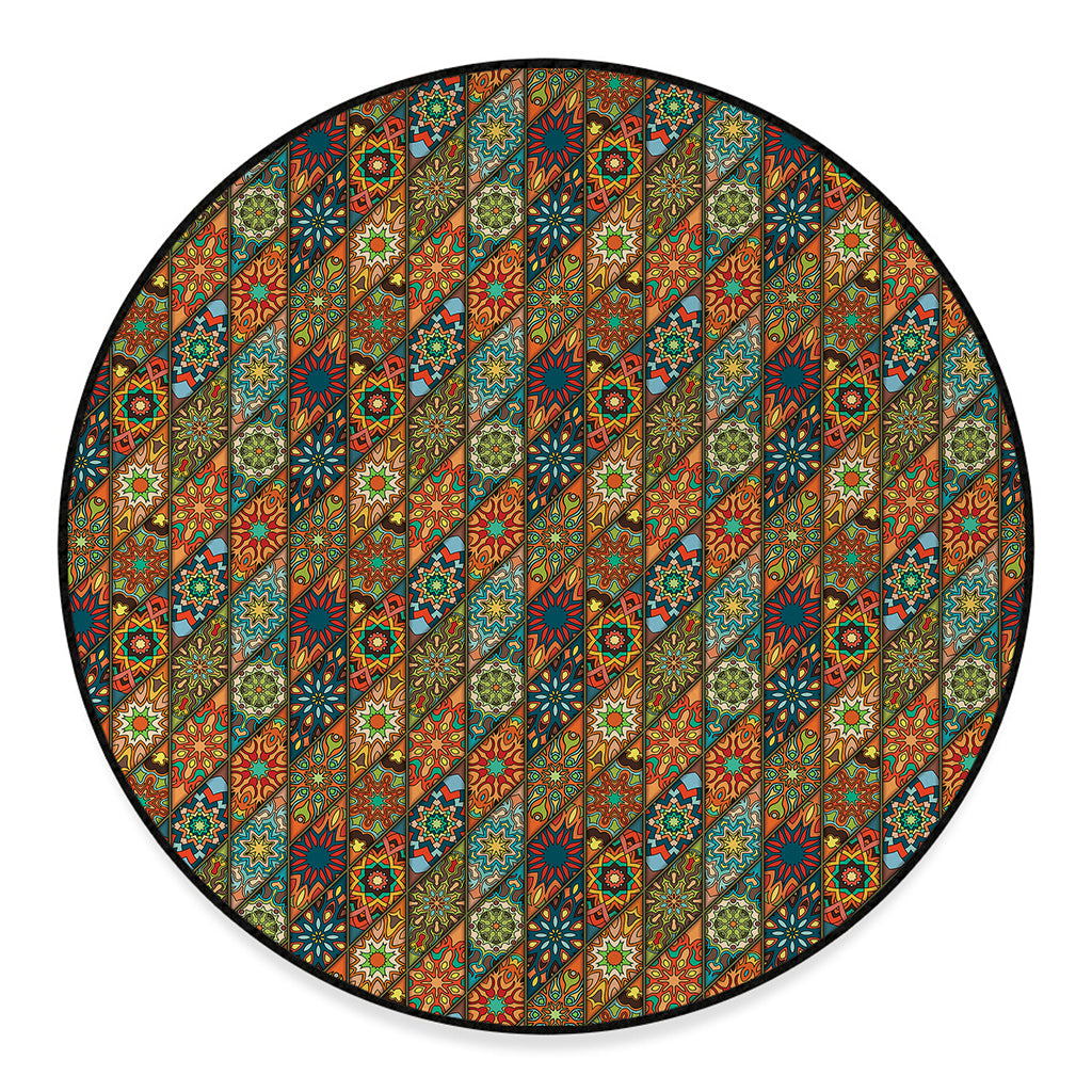 Indian Floral Patchwork Pattern Print Round Floor Mat