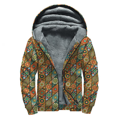 Indian Floral Patchwork Pattern Print Sherpa Lined Zip Up Hoodie