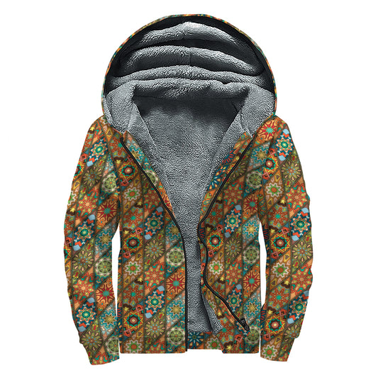 Indian Floral Patchwork Pattern Print Sherpa Lined Zip Up Hoodie