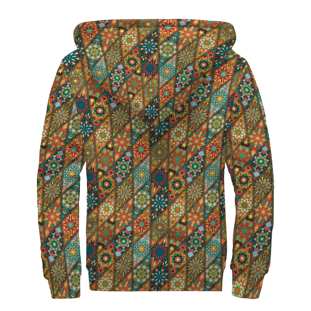 Indian Floral Patchwork Pattern Print Sherpa Lined Zip Up Hoodie