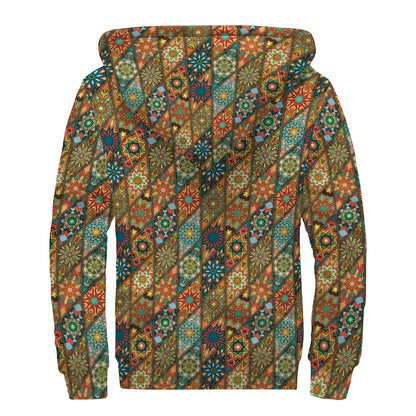 Indian Floral Patchwork Pattern Print Sherpa Lined Zip Up Hoodie