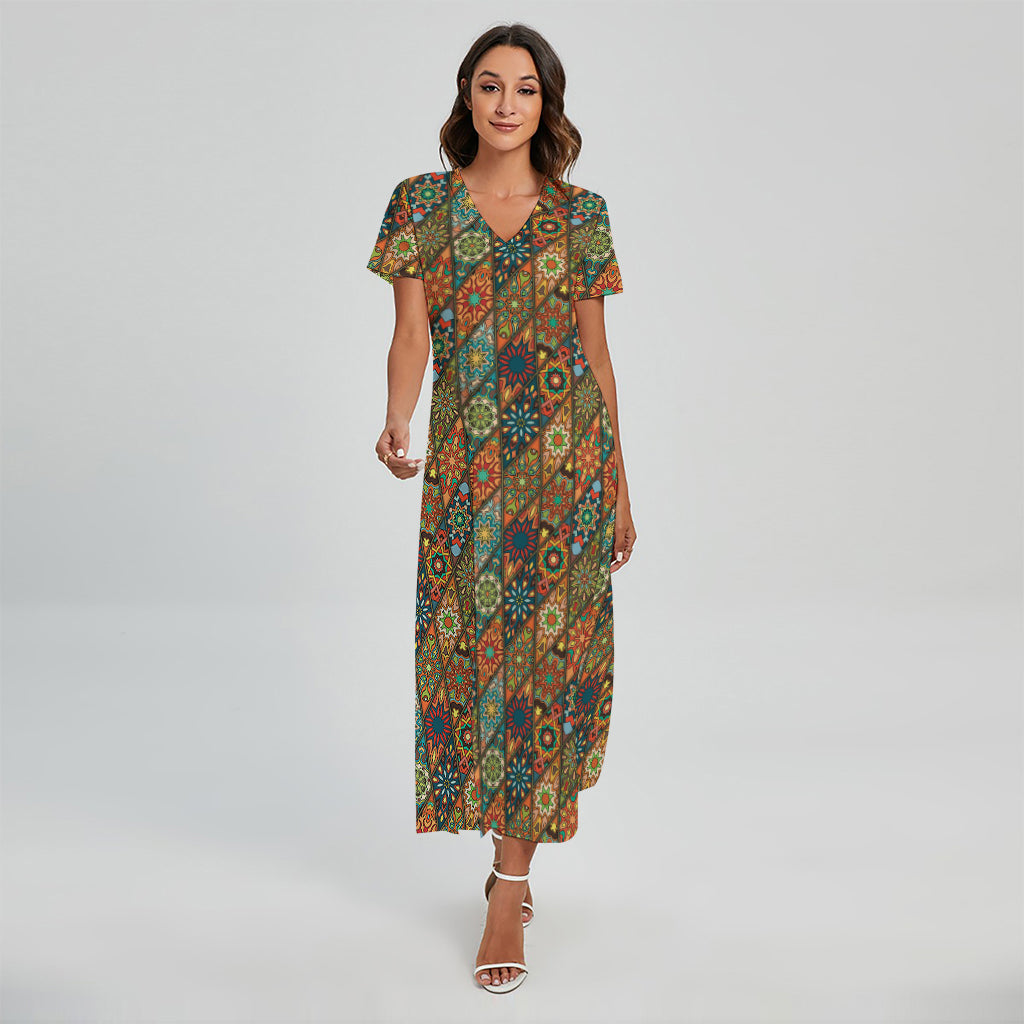 Indian Floral Patchwork Pattern Print Short Sleeve Maxi Dress