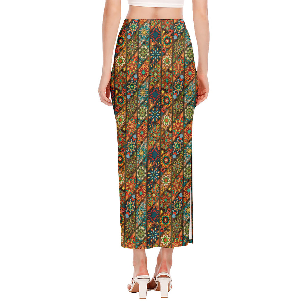 Indian Floral Patchwork Pattern Print Side Slit Maxi Skirt