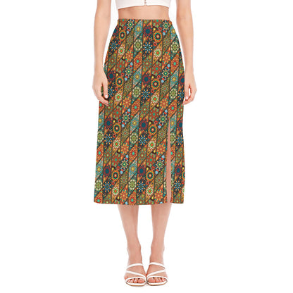 Indian Floral Patchwork Pattern Print Side Slit Midi Skirt