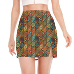 Indian Floral Patchwork Pattern Print Side Slit Mini Skirt