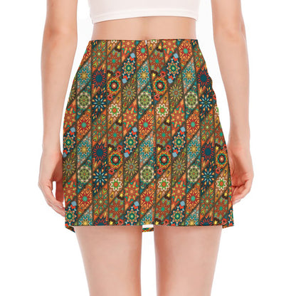Indian Floral Patchwork Pattern Print Side Slit Mini Skirt