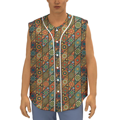 Indian Floral Patchwork Pattern Print Sleeveless Baseball Jersey