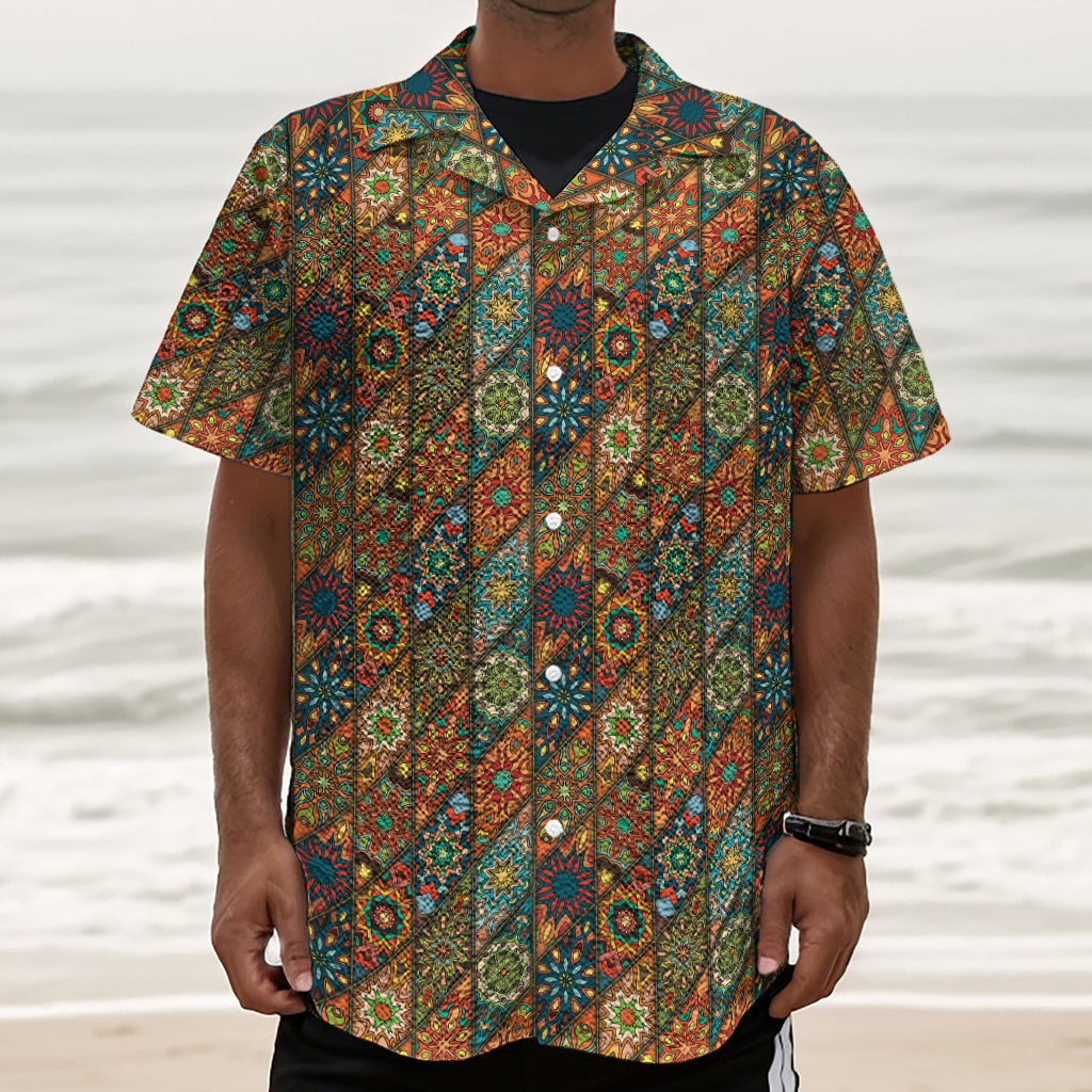 Indian Floral Patchwork Pattern Print Textured Short Sleeve Shirt
