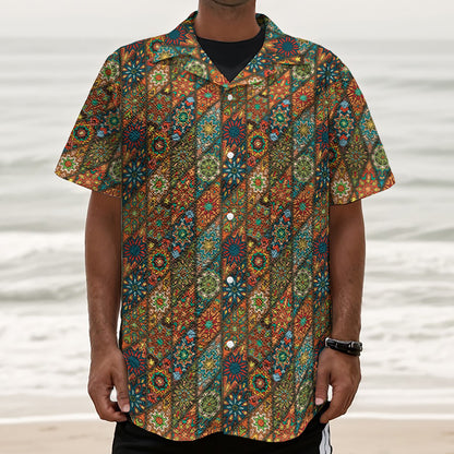 Indian Floral Patchwork Pattern Print Textured Short Sleeve Shirt