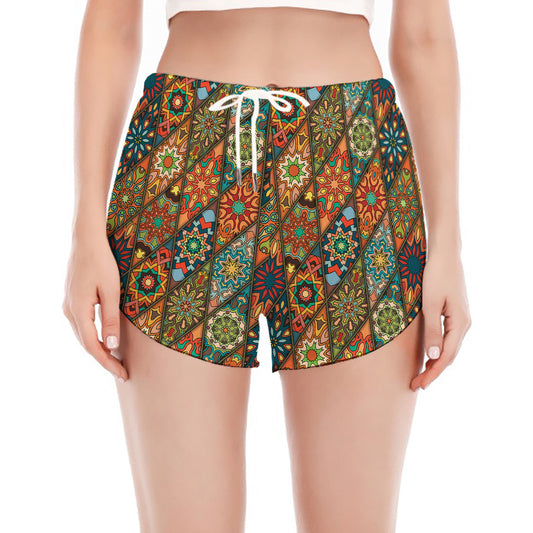 Indian Floral Patchwork Pattern Print Women's Split Running Shorts