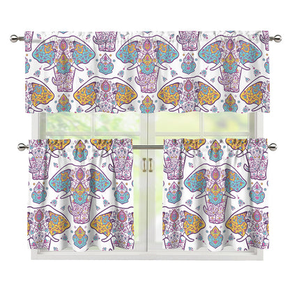 Indian Flower Elephant Pattern Print 3 Piece Kitchen Curtains