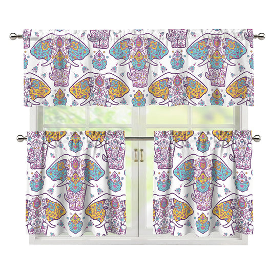 Indian Flower Elephant Pattern Print 3 Piece Kitchen Curtains