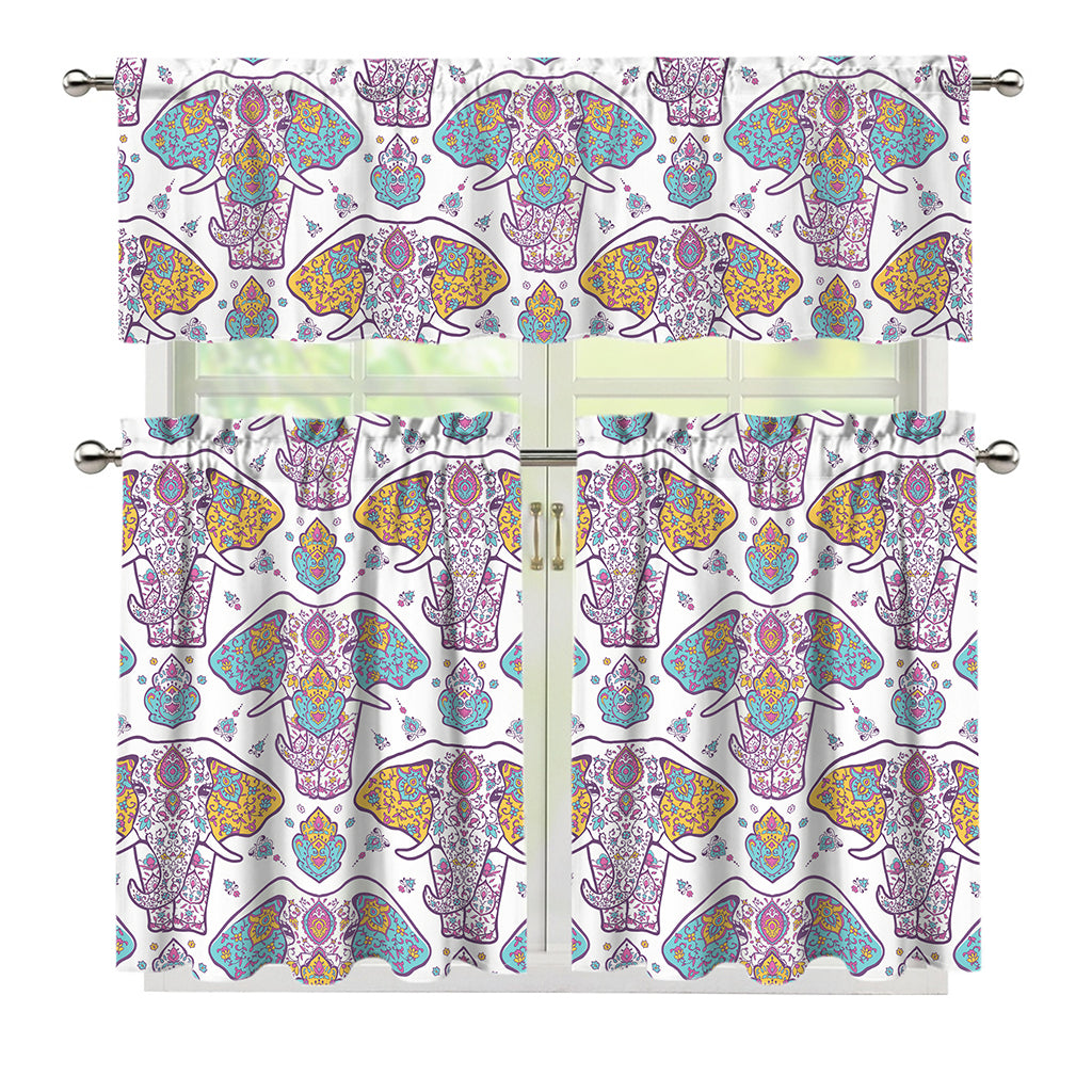 Indian Flower Elephant Pattern Print 3 Piece Kitchen Curtains