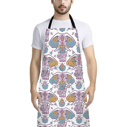 Indian Flower Elephant Pattern Print Bib Apron With Pocket