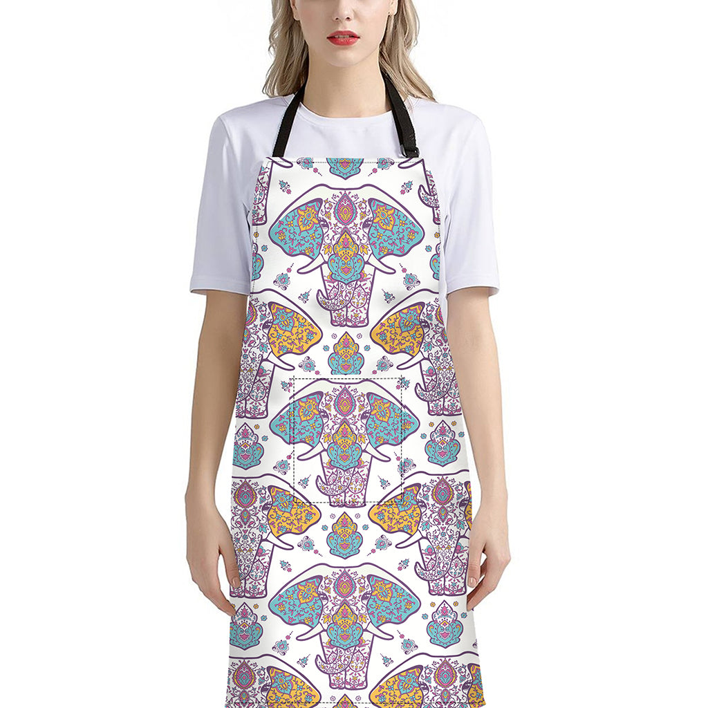 Indian Flower Elephant Pattern Print Bib Apron With Pocket