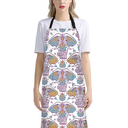 Indian Flower Elephant Pattern Print Bib Apron With Pocket