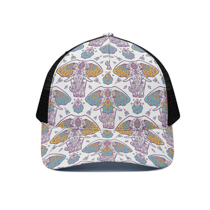 Indian Flower Elephant Pattern Print Black Mesh Trucker Cap