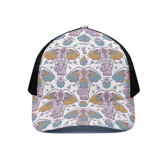 Indian Flower Elephant Pattern Print Black Mesh Trucker Cap