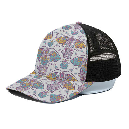 Indian Flower Elephant Pattern Print Black Mesh Trucker Cap
