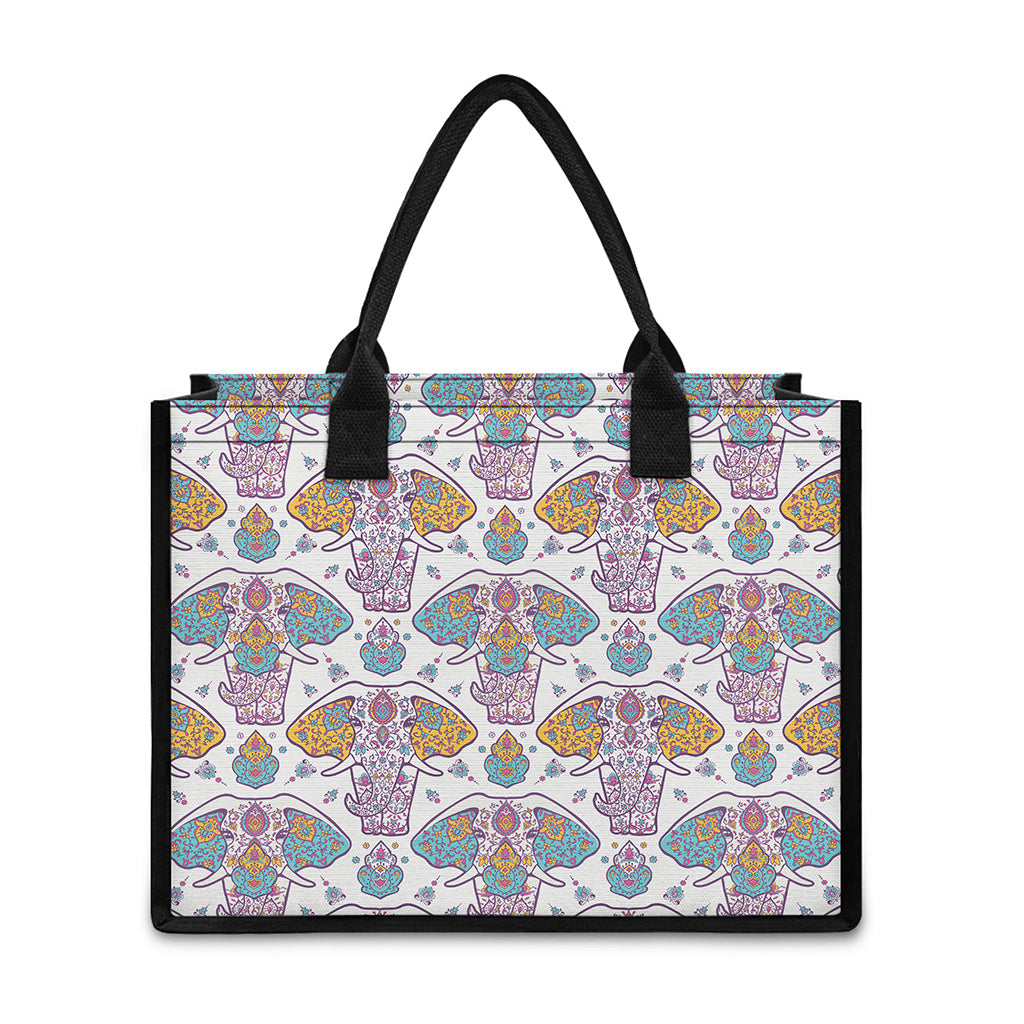 Indian Flower Elephant Pattern Print Canvas Tote Bag