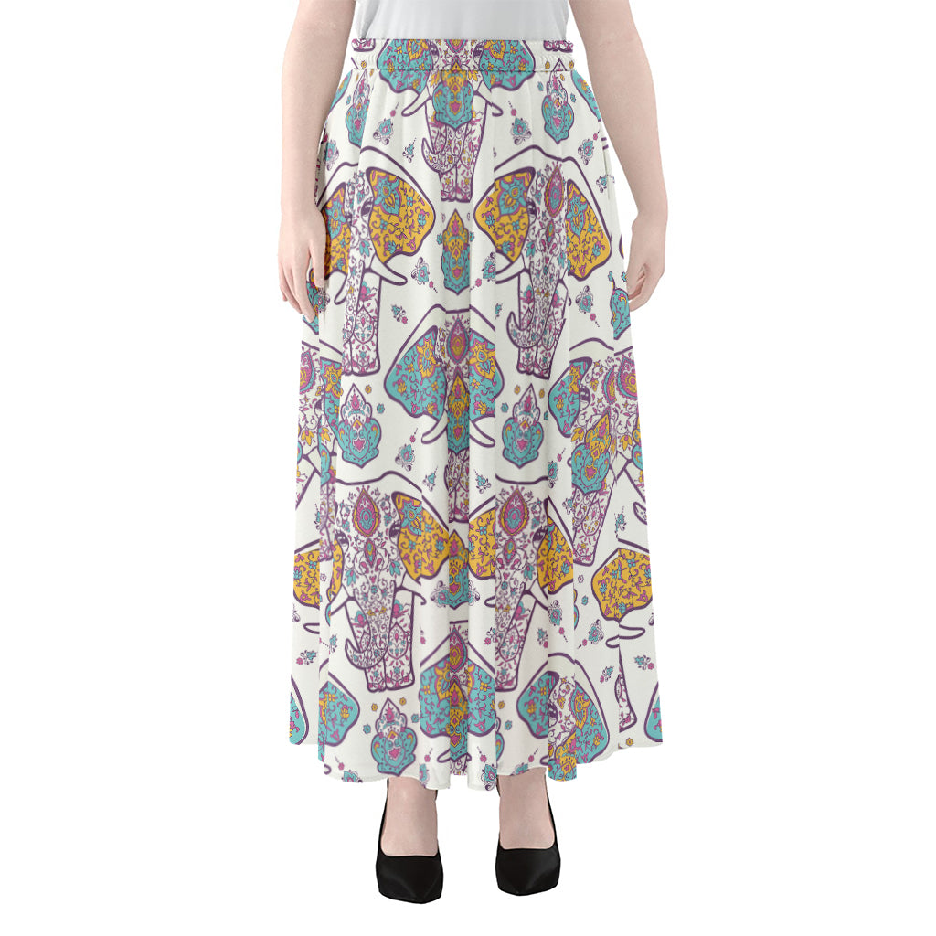 Indian Flower Elephant Pattern Print Chiffon Maxi Skirt