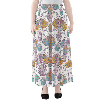 Indian Flower Elephant Pattern Print Chiffon Maxi Skirt