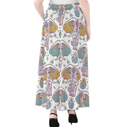 Indian Flower Elephant Pattern Print Chiffon Maxi Skirt