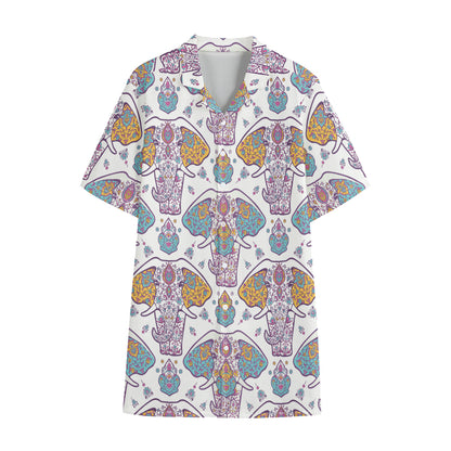Indian Flower Elephant Pattern Print Cotton Hawaiian Shirt