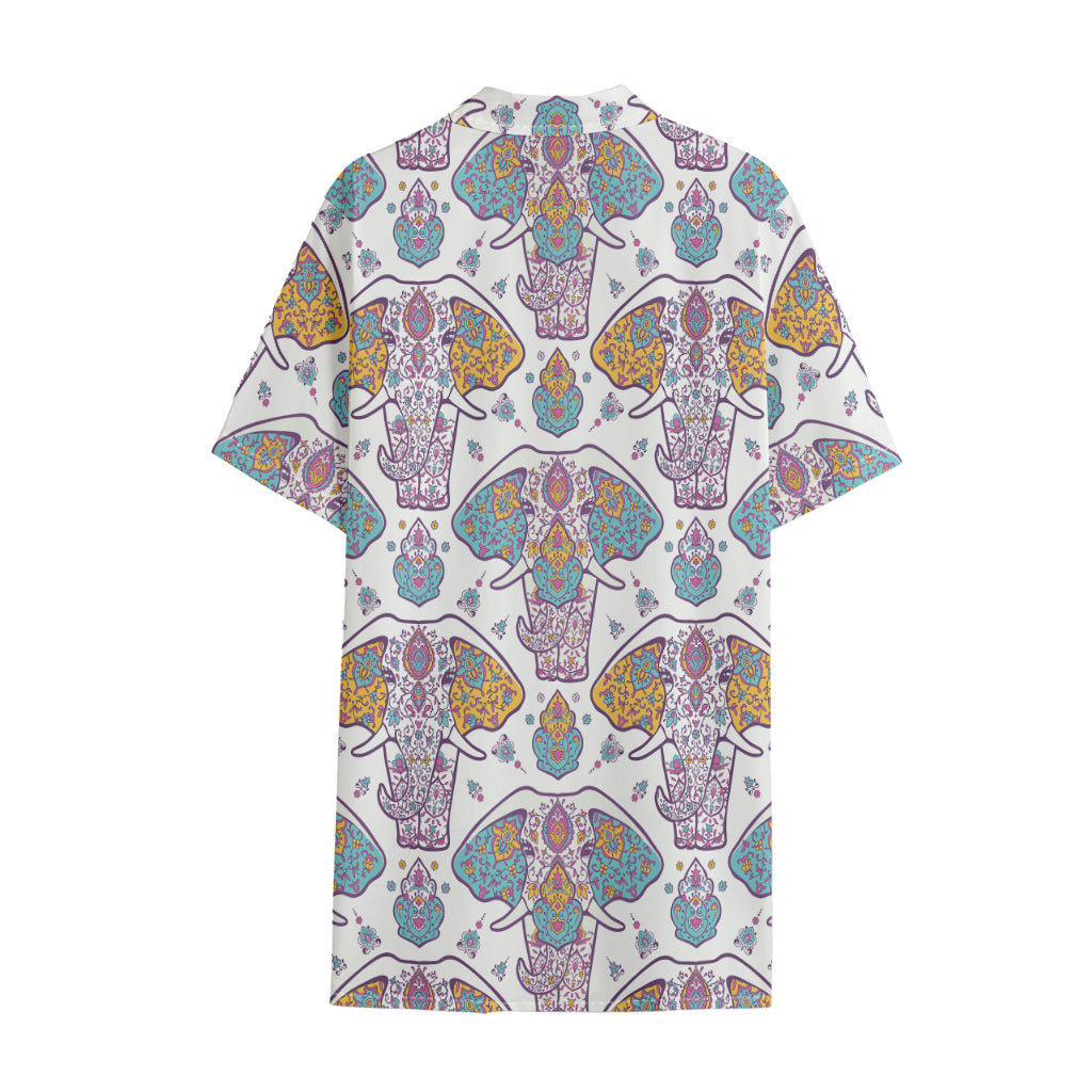 Indian Flower Elephant Pattern Print Cotton Hawaiian Shirt