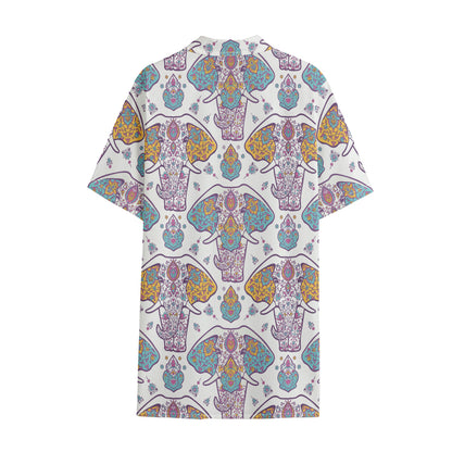 Indian Flower Elephant Pattern Print Cotton Hawaiian Shirt