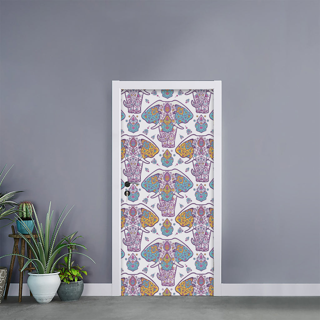 Indian Flower Elephant Pattern Print Door Sticker