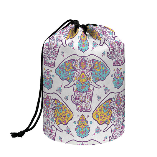 Indian Flower Elephant Pattern Print Drawstring Makeup Bag