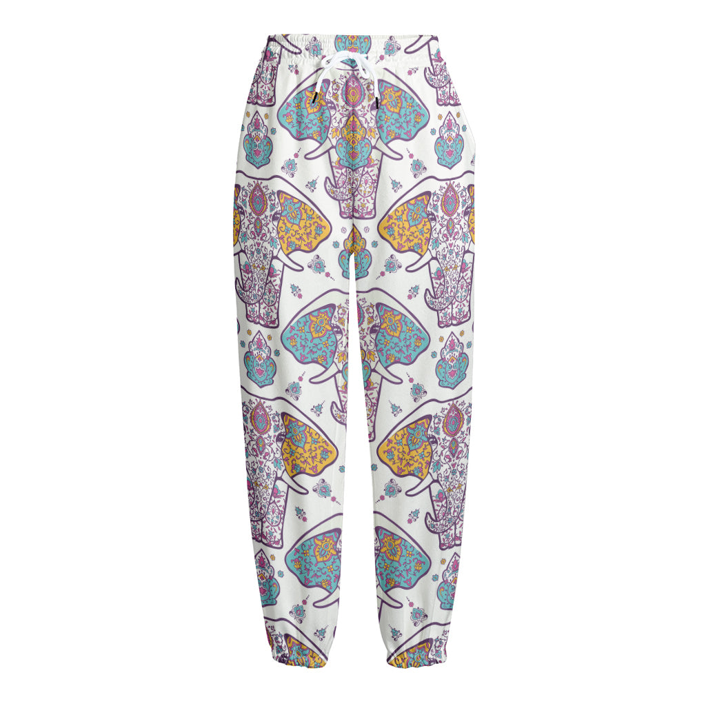 Indian Flower Elephant Pattern Print Fleece Lined Knit Pants