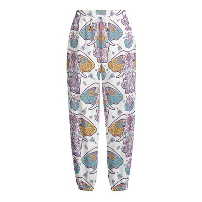 Indian Flower Elephant Pattern Print Fleece Lined Knit Pants