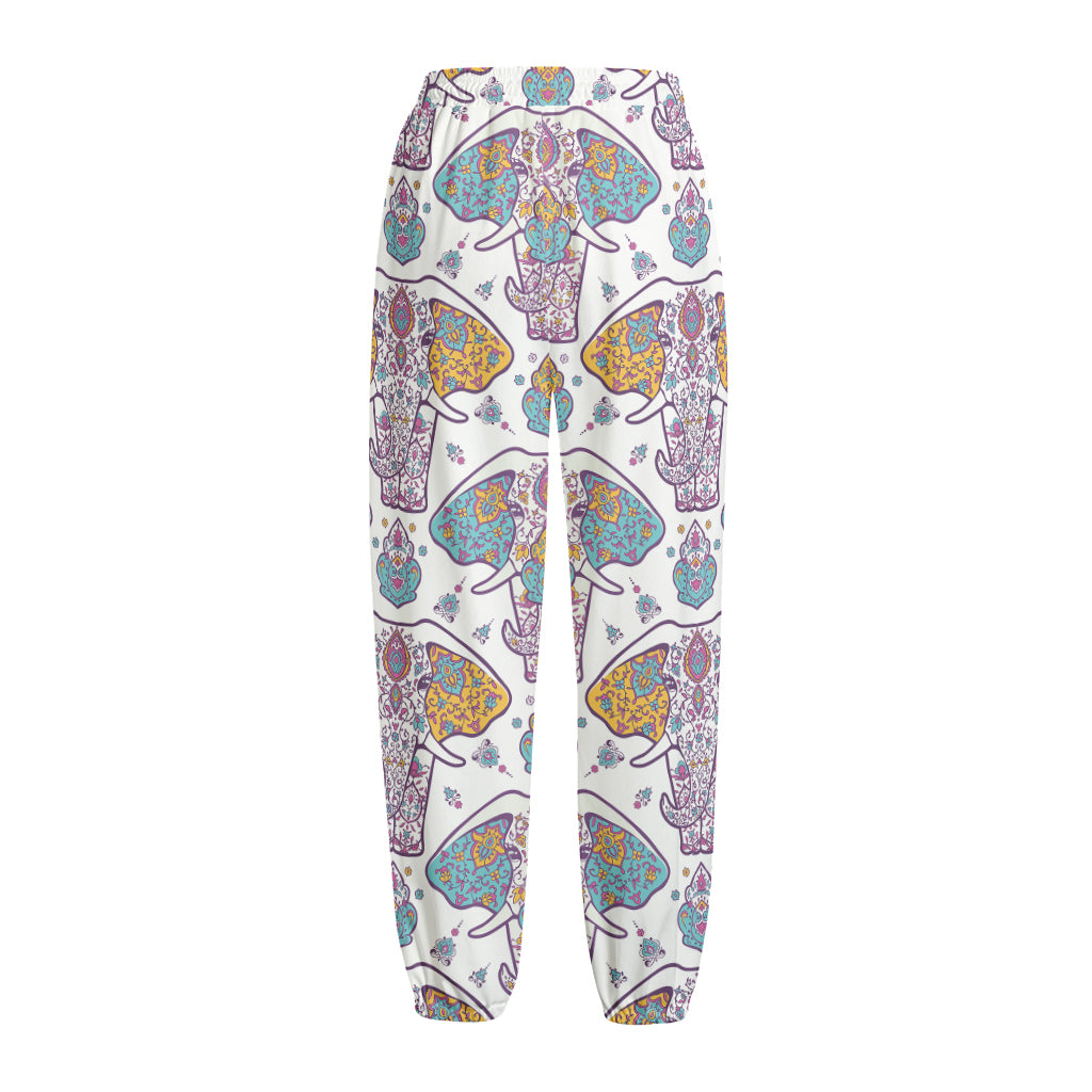 Indian Flower Elephant Pattern Print Fleece Lined Knit Pants