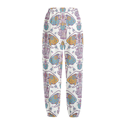 Indian Flower Elephant Pattern Print Fleece Lined Knit Pants