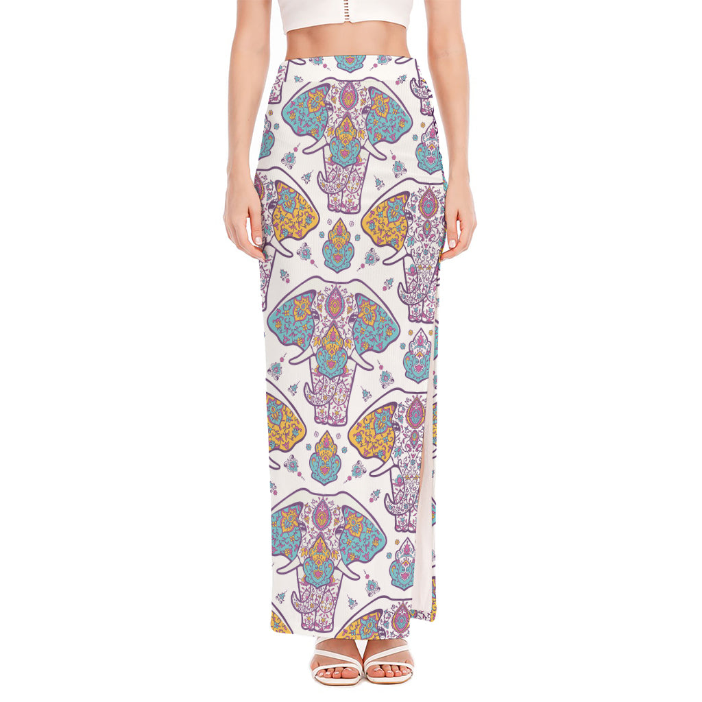 Indian Flower Elephant Pattern Print High Slit Maxi Skirt