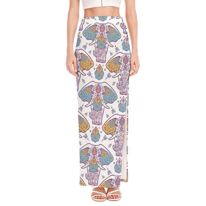 Indian Flower Elephant Pattern Print High Slit Maxi Skirt
