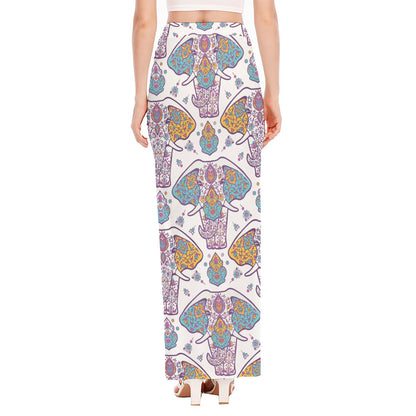 Indian Flower Elephant Pattern Print High Slit Maxi Skirt