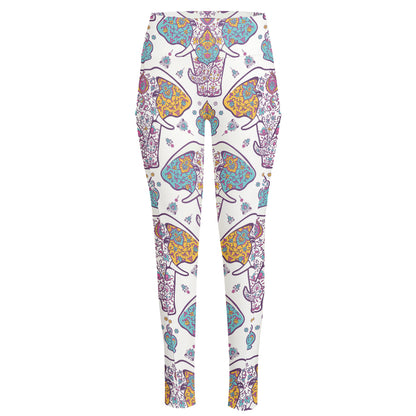 Indian Flower Elephant Pattern Print High-Waisted Pocket Leggings