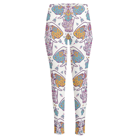 Indian Flower Elephant Pattern Print High-Waisted Pocket Leggings
