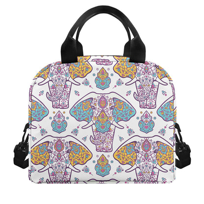 Indian Flower Elephant Pattern Print Insulated Lunch Bag