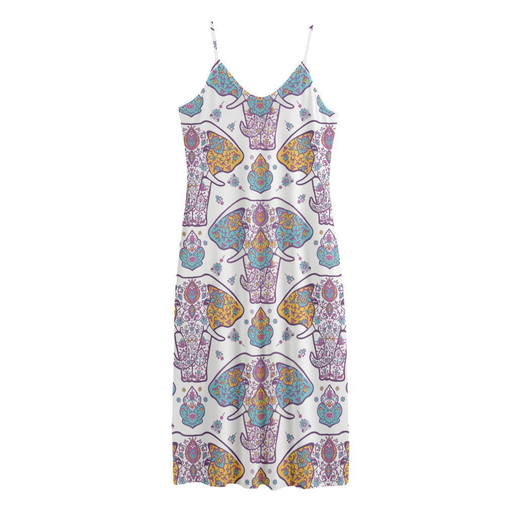 Indian Flower Elephant Pattern Print Jersey Midi Cami Dress