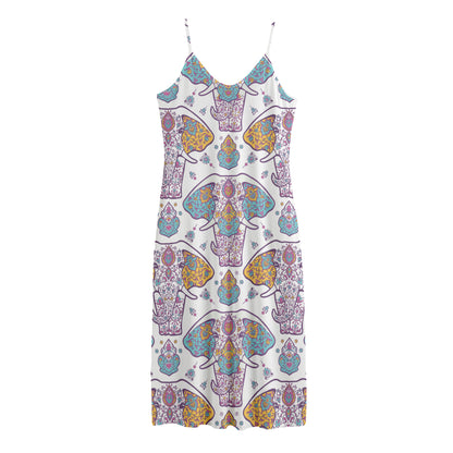 Indian Flower Elephant Pattern Print Jersey Midi Cami Dress