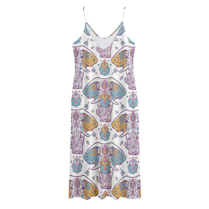 Indian Flower Elephant Pattern Print Jersey Midi Cami Dress